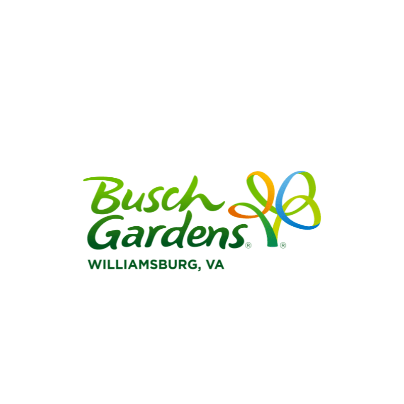 The Busch Gardens Williamsburg logo, featuring colorful, stylized lettering and a floral design, is set against a plain white background.