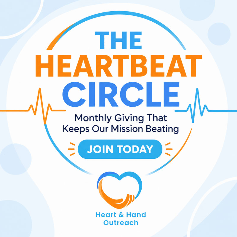 A blue and orange circular graphic with the text "THE HEARTBEAT CIRCLE" and a "JOIN TODAY" button is set against a light blue background with abstract white shapes.