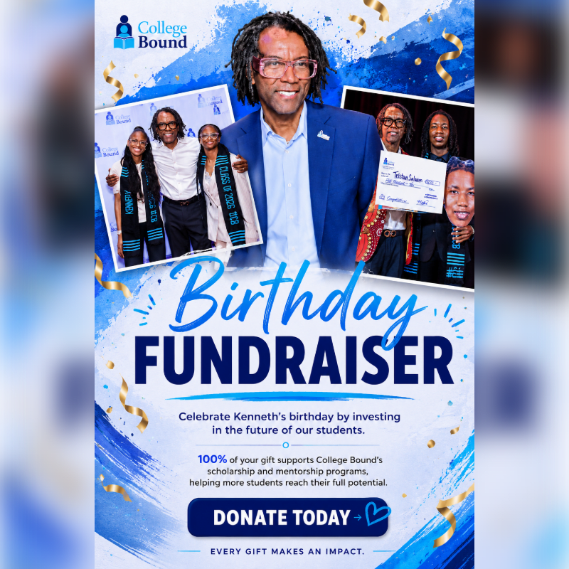 A smiling man in a blue suit is featured in the foreground with a "Birthday Fundraiser" message, while the background displays images of students and confetti.