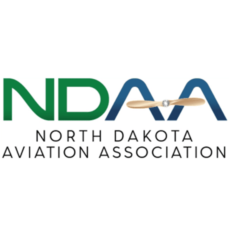 Green and blue letters spelling "NDAA" with a golden propeller in the foreground are set against a white background with the words "NORTH DAKOTA AVIATION ASSOCIATION" below.