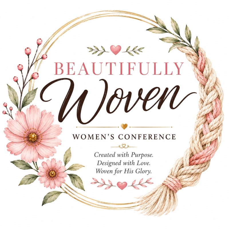 A floral wreath frames the text "BEAUTIFULLY Woven WOMEN'S CONFERENCE" with a braided rope accent on the right and delicate pink flowers and leaves on the left.