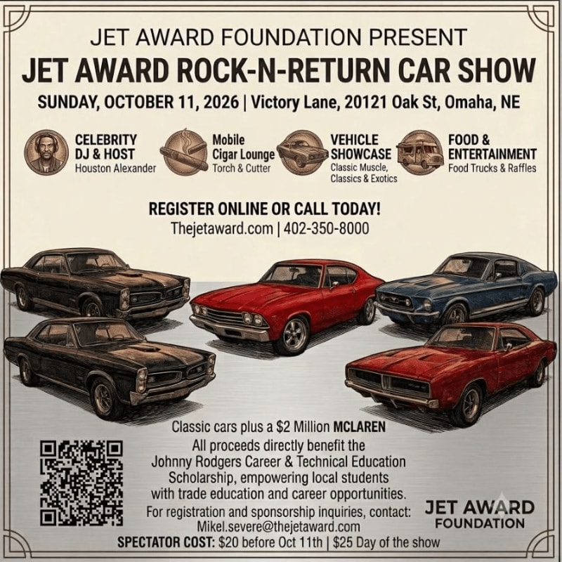 A vintage car show poster features classic cars in the foreground and event details in the background.