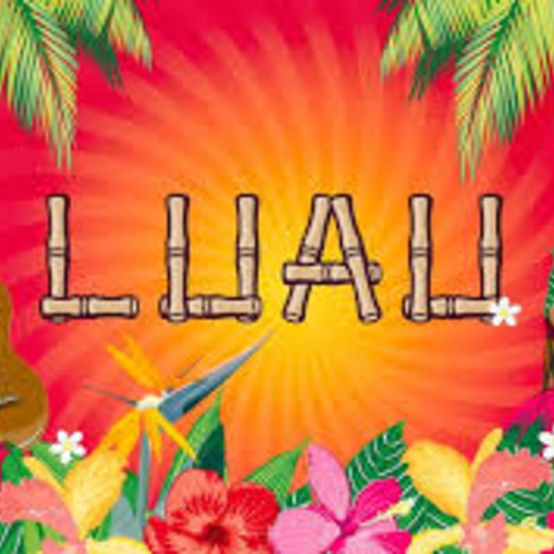 Bamboo letters spelling "LUAU" are in the foreground, with tropical flowers and palm fronds framing a vibrant orange and yellow sunburst in the background.