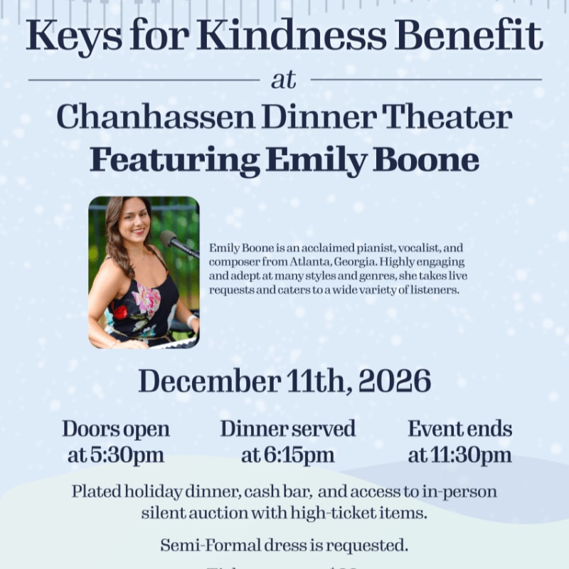 A photograph of Emily Boone at a piano is in the foreground, with event details for the "Keys for Kindness Benefit" at Chanhassen Dinner Theater in the background.