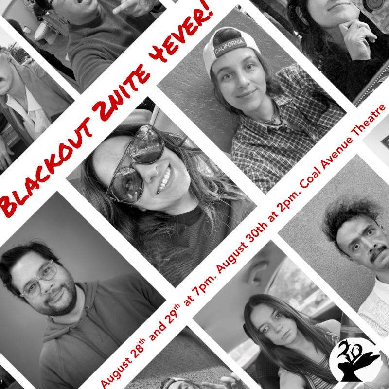 A collage of black and white portraits of people is overlaid with text announcing "BLACKOUT 2NITE YEVER!" and event details for the Coal Avenue Theatre.