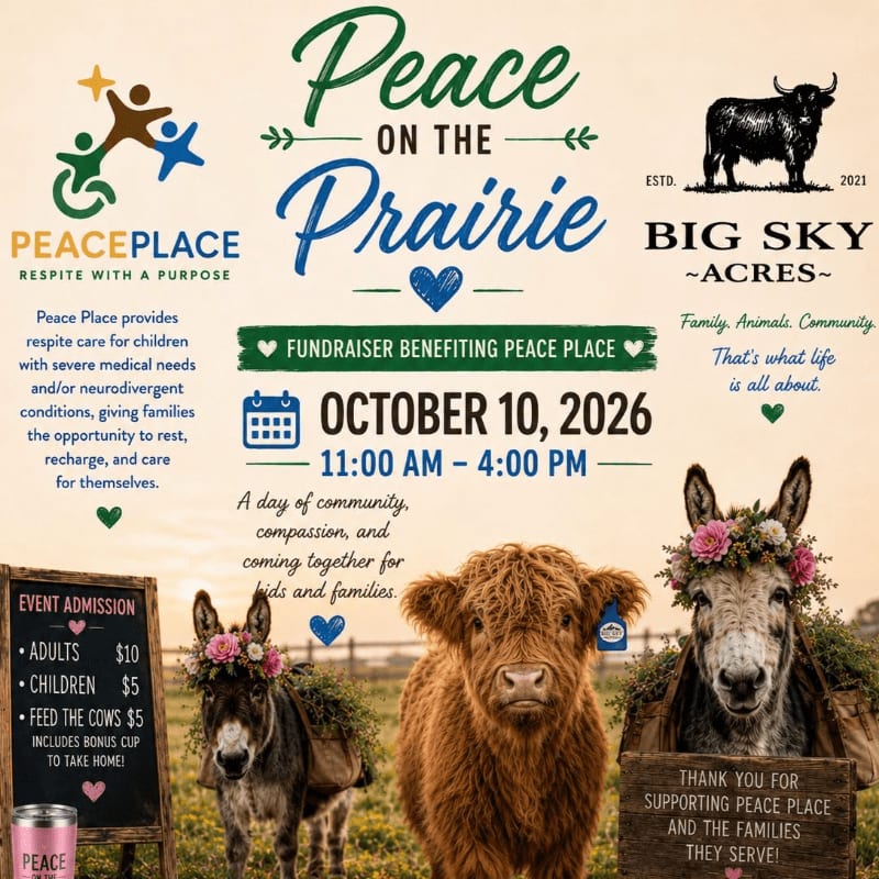 A fluffy cow and two donkeys adorned with flower crowns stand in the foreground, with event details for "Peace on the Prairie" fundraiser in the background.