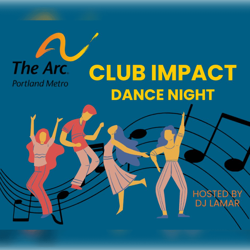 Four stylized figures dance joyfully in the foreground against a deep blue background with musical notes and event details.