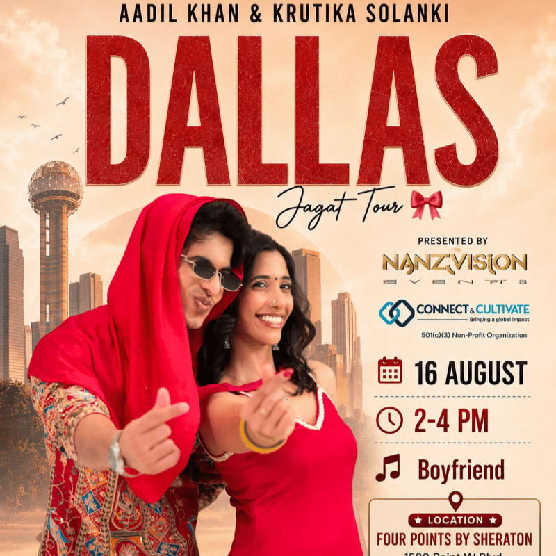 A man and woman in red outfits pose in front of a Dallas skyline with event details on the right.