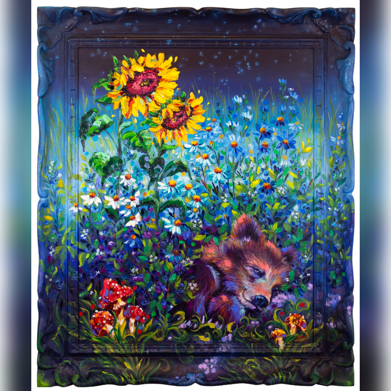A sleeping fox rests among vibrant wildflowers and mushrooms in the foreground, while sunflowers bloom against a starry, dark blue sky in the background.