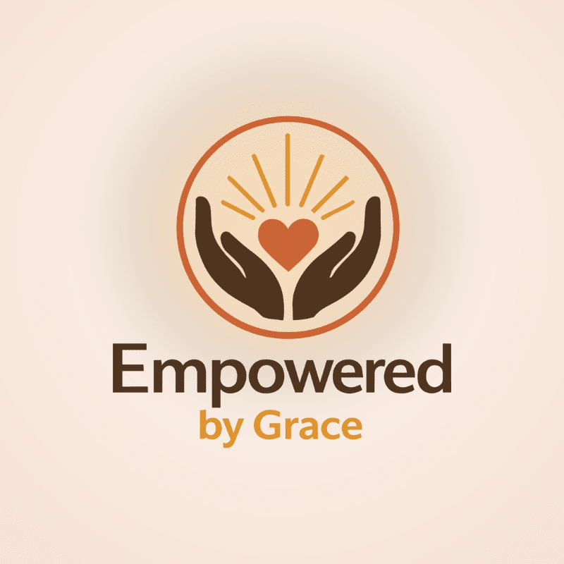 Two cupped hands hold a glowing heart within a circle, with the words "Empowered by Grace" below, all set against a soft, peachy background.