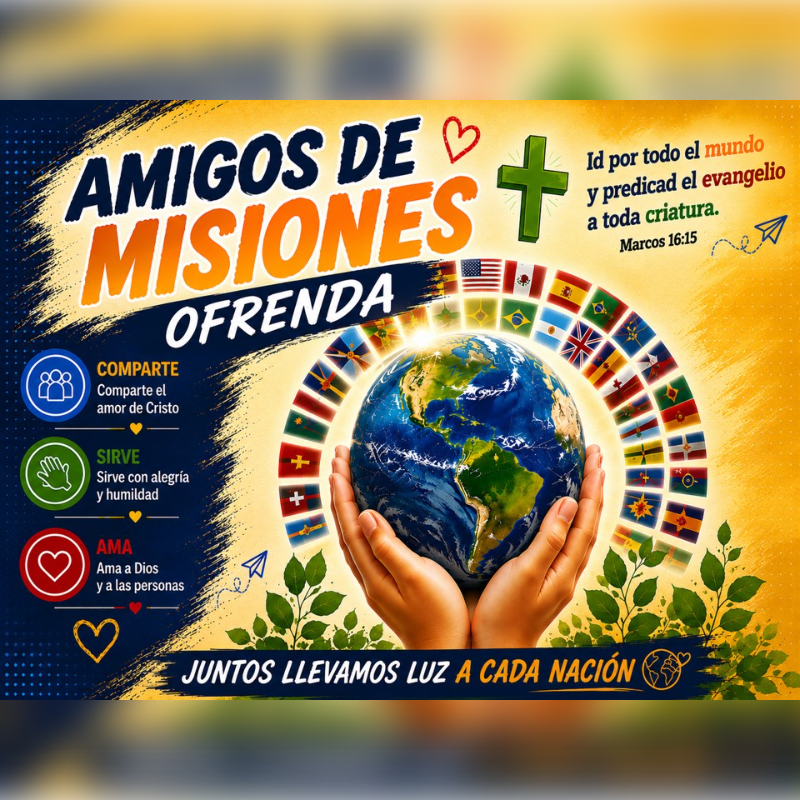 Two hands cradle a globe surrounded by flags, with the text "AMIGOS DE MISIONES OFRENDA" and inspirational messages in the foreground against a bright, textured background.