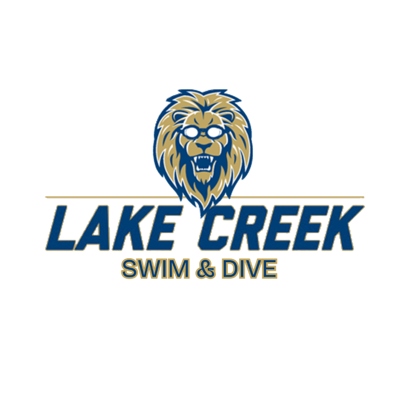 A fierce lion wearing swimming goggles is centered above the words "LAKE CREEK SWIM & DIVE" on a white background.