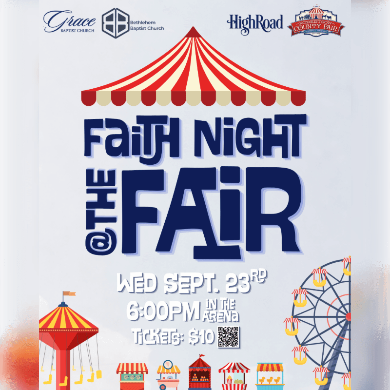 A colorful fair poster advertises "Faith Night at the Fair" with carnival rides in the foreground and logos of sponsoring churches and organizations in the background.