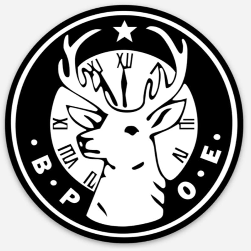 A white deer head with antlers is superimposed on a clock face with Roman numerals, all enclosed within a black circle with the letters "B.P.O.E." around the perimeter.