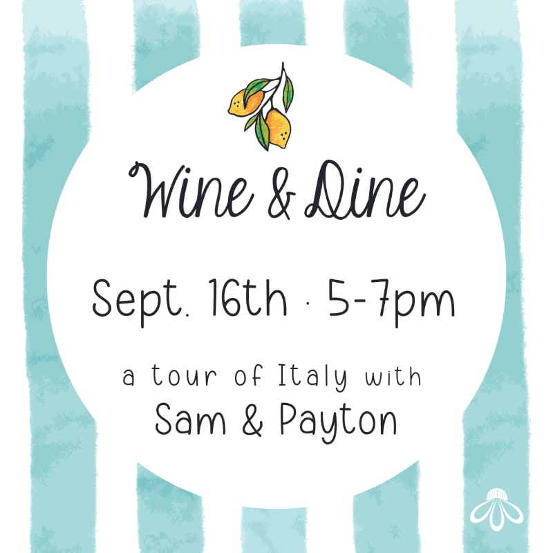 A white circle with "Wine & Dine" and event details is centered on a light blue and white striped background, with a small lemon illustration above the text.