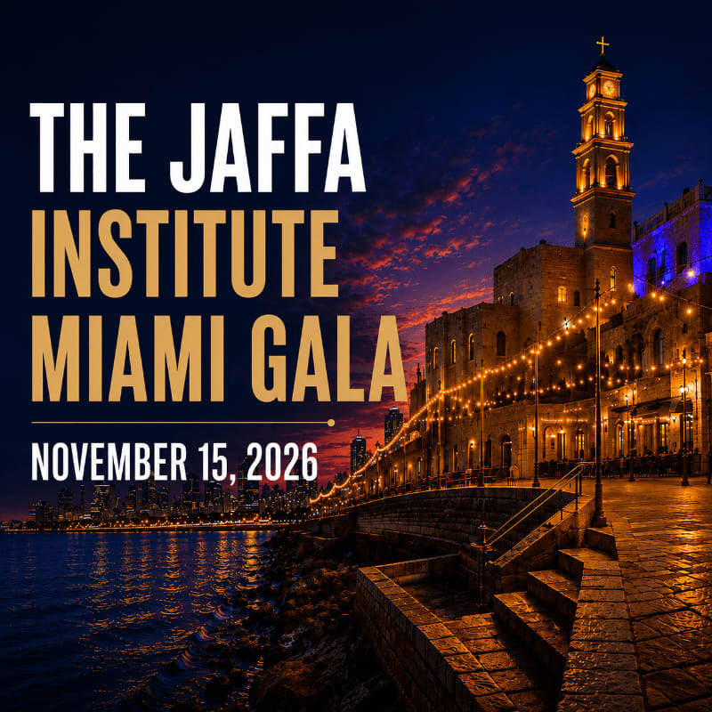 A nighttime cityscape with a body of water in the foreground and a historic building illuminated by string lights in the background, overlaid with text announcing "THE JAFFA INSTITUTE MIAMI GALA NOVEMBER 15, 2026".