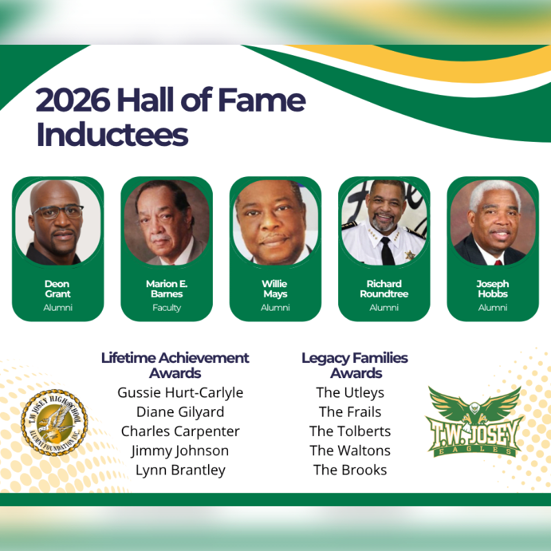 Five inductees are featured in oval portraits against a green and yellow background, with lists of award recipients below.