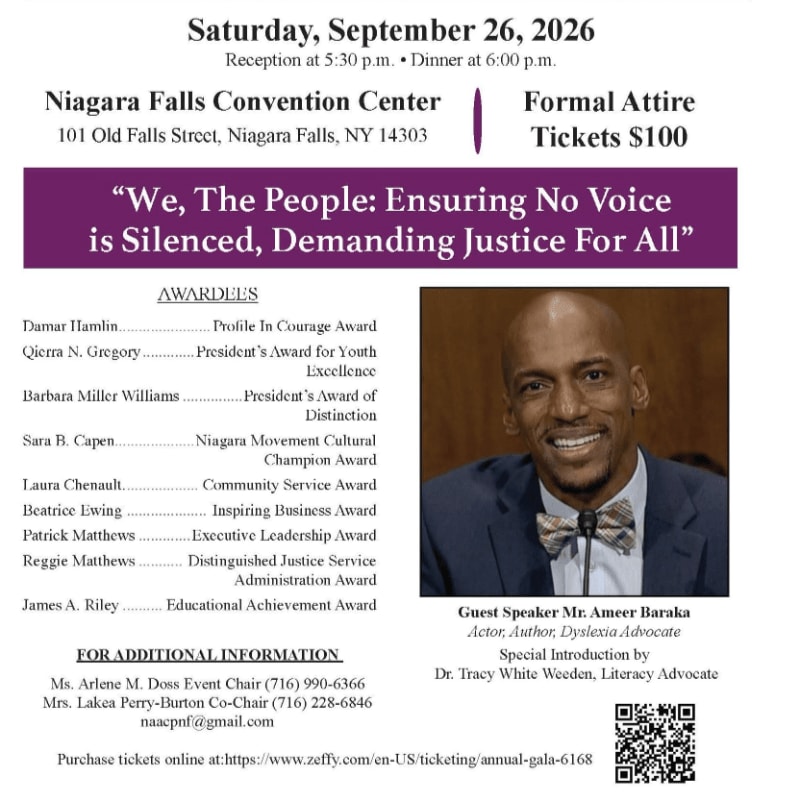 A formal event invitation for a gala at the Niagara Falls Convention Center is displayed, featuring a speaker's photo and a list of awardees in the foreground, with event details and contact information in the background.