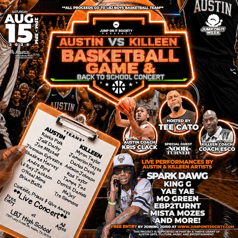 A clipboard with basketball team rosters is in the foreground, while a vibrant poster for an Austin vs. Killeen basketball game and concert fills the background.