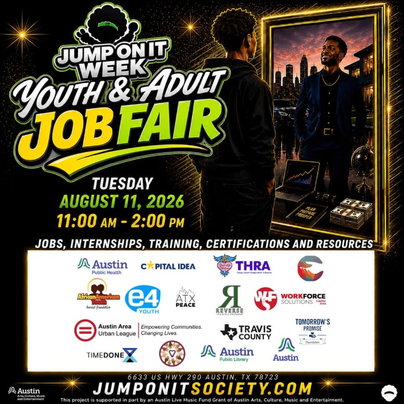 A vibrant poster for a youth and adult job fair is displayed, featuring a young man looking at a framed image of another man in front of a city skyline.