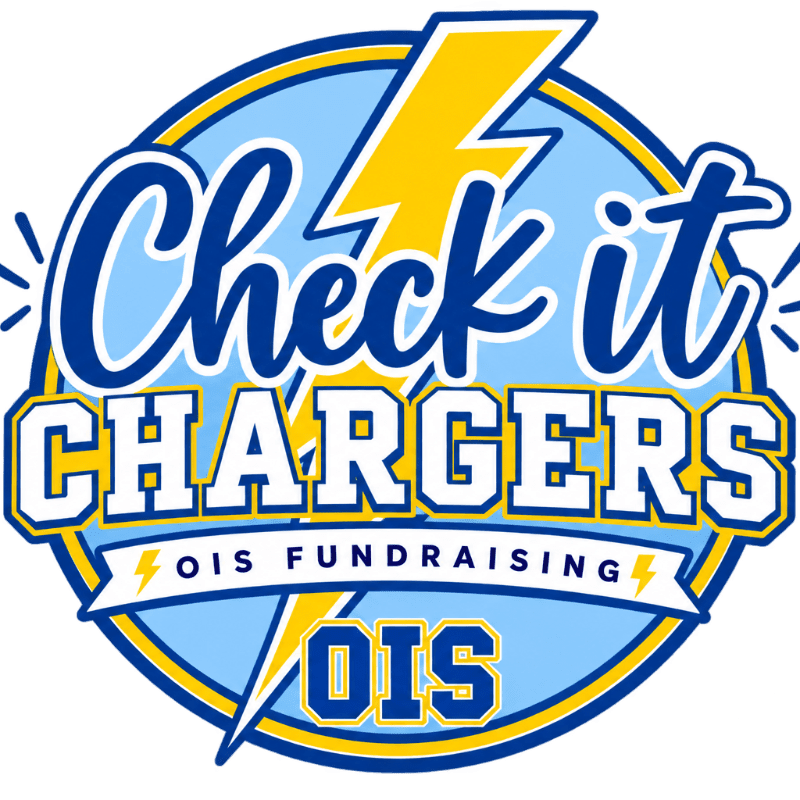 A blue and yellow circular logo with "Check it CHARGERS" in cursive and block letters, respectively, is set against a light blue background with a yellow lightning bolt.