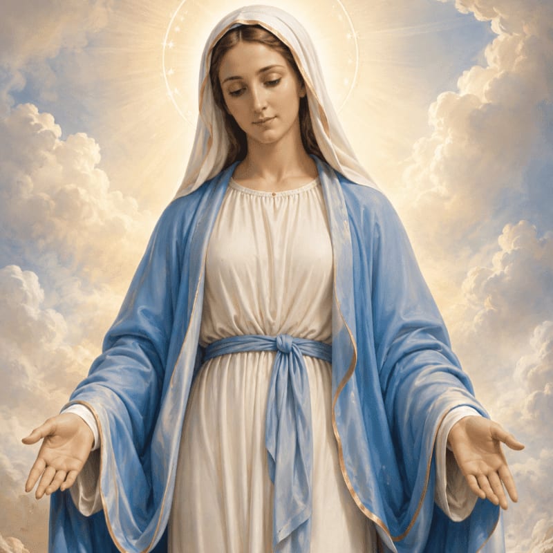 A serene woman in a white gown and blue mantle with outstretched hands stands against a backdrop of glowing clouds and a halo.
