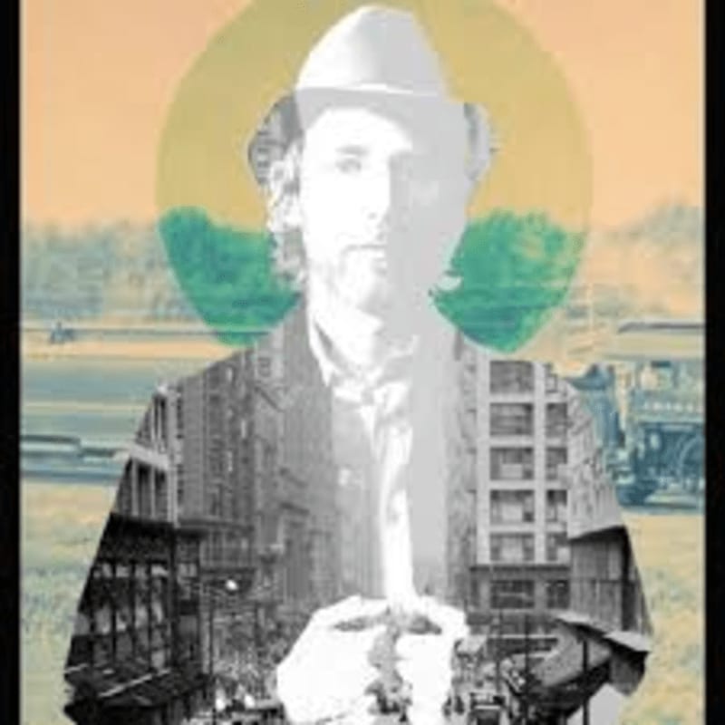 A man in a hat is superimposed over a cityscape and a rural landscape with a halo-like circle behind him.