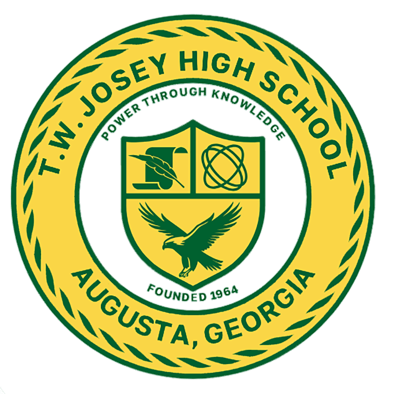 A circular emblem with a green and yellow border contains a shield with a quill, atomic orbits, and an eagle, all set against a white background.