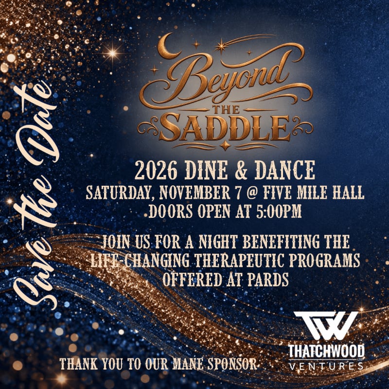 A dark blue background with sparkling gold and white lights frames the text "Beyond the Saddle 2026 Dine & Dance" in the foreground, with event details and sponsor information below.
