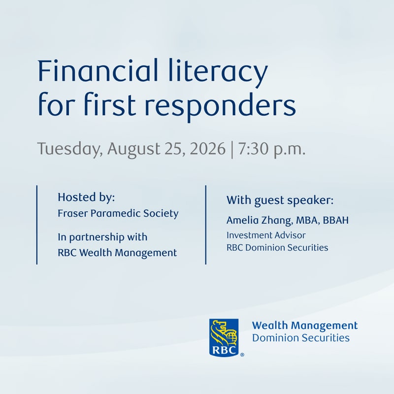 A light blue background displays event details for "Financial literacy for first responders" on Tuesday, August 25, 2026, at 7:30 p.m., with information about the host and guest speaker, and the RBC Wealth Management logo in the foreground.