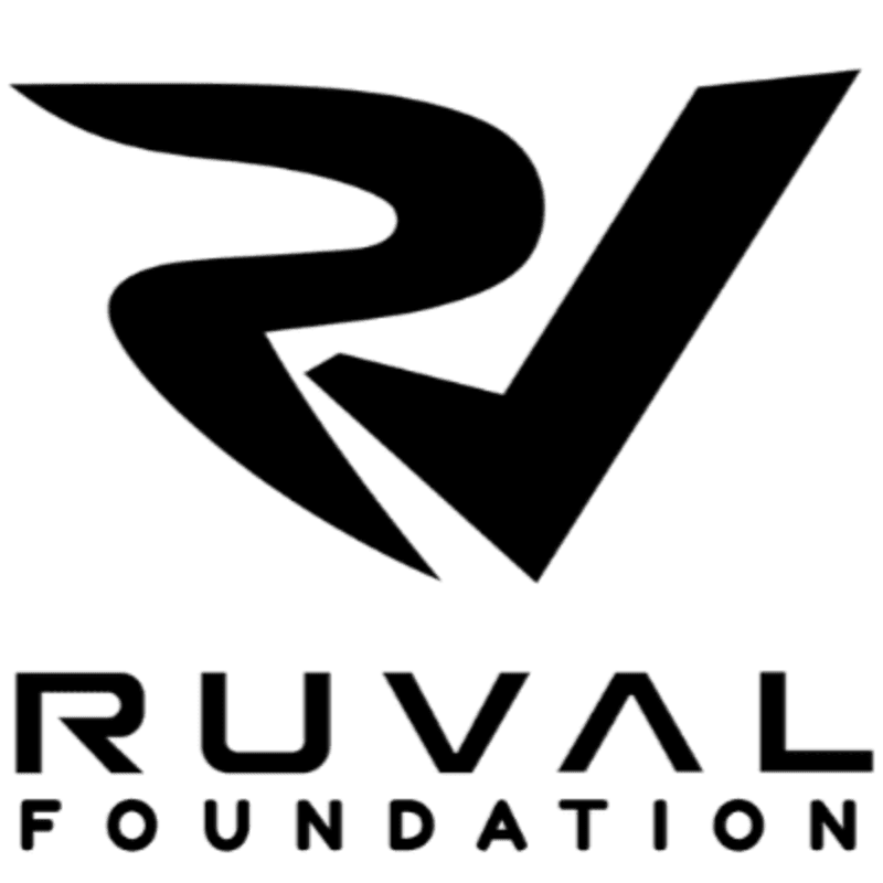 A black abstract logo with the words "RUVAL FOUNDATION" below it is set against a white background.