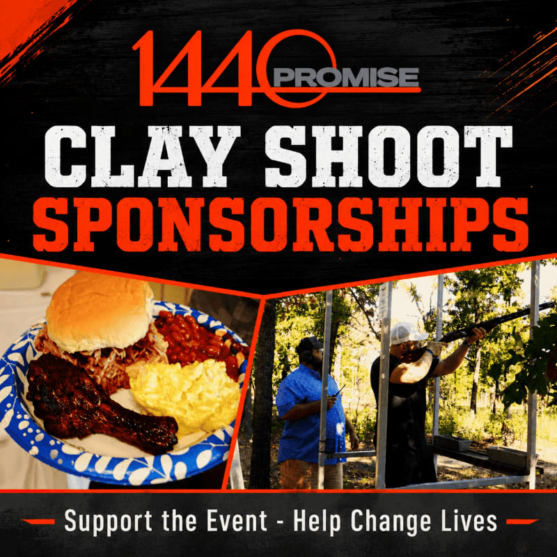 A plate of barbecue sits in the foreground, while a man shoots a rifle in the background, all under the bold text "1440 PROMISE CLAY SHOOT SPONSORSHIPS".
