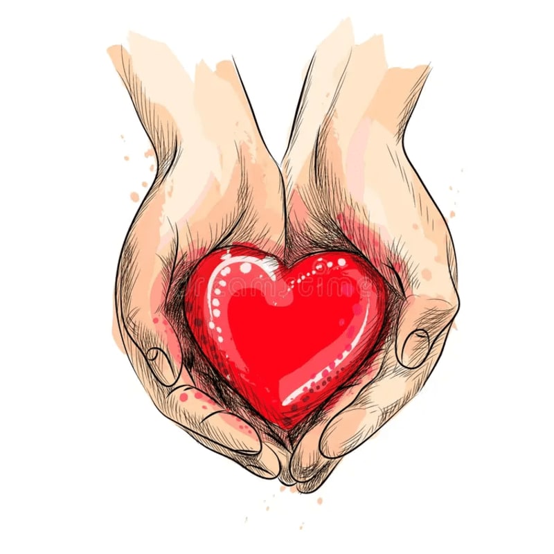 Cupped hands gently hold a vibrant red heart against a white background with watercolor splashes.