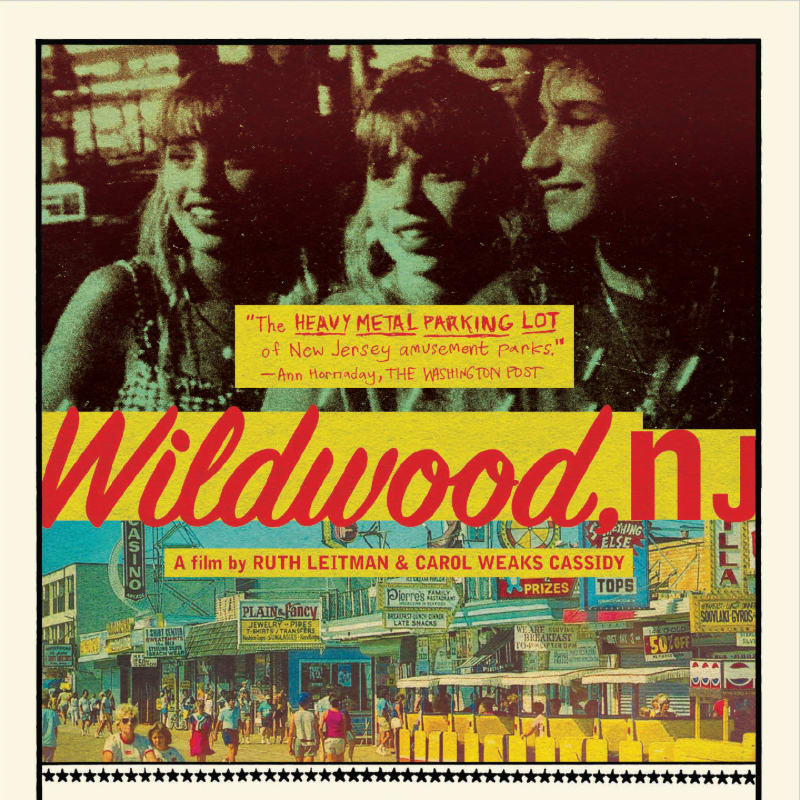 In the foreground, a vibrant boardwalk scene unfolds with people and colorful storefronts, while the background features a vintage-style poster with a quote about New Jersey amusement parks and the title "Wildwood, n.j."