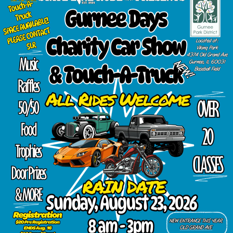 A vibrant poster advertises the Gurnee Days Charity Car Show and Touch-A-Truck event, featuring colorful illustrations of a sports car, a truck, and a motorcycle in the foreground against a blue background with event details.