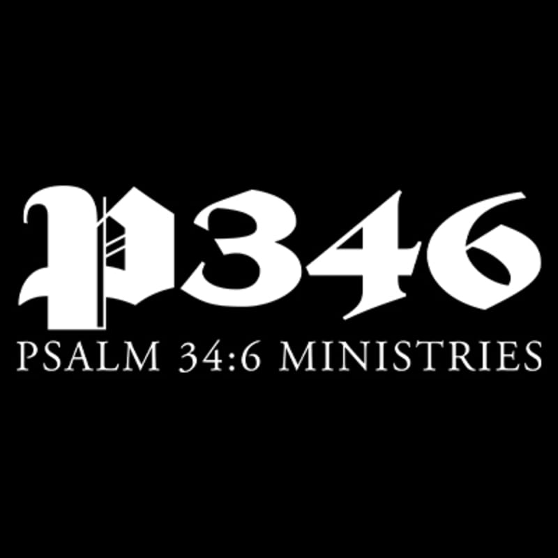White gothic lettering for "P346" is in the foreground against a black background, with "PSALM 34:6 MINISTRIES" written below it.