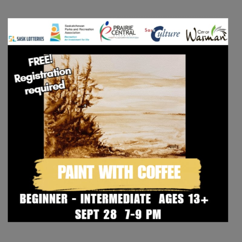 A sepia-toned painting of trees and water is featured in the foreground, with event details and sponsor logos in the background.