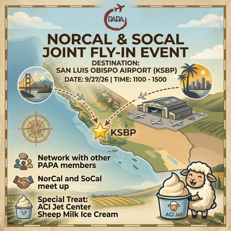 A cartoon sheep holding an ice cream cone stands in the foreground, while the background depicts a map of California with airplanes flying towards San Luis Obispo Airport for a joint fly-in event.