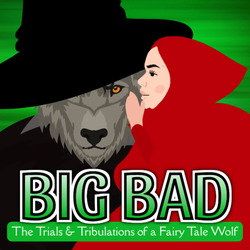 A stylized illustration features Little Red Riding Hood in her red cloak whispering to a wolf wearing a black hat in the foreground, with a green background.
