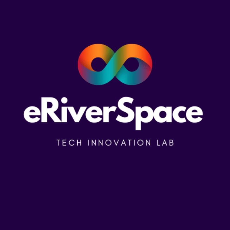 A colorful infinity symbol hovers above the white text "eRiverSpace" and "TECH INNOVATION LAB" on a dark purple background.