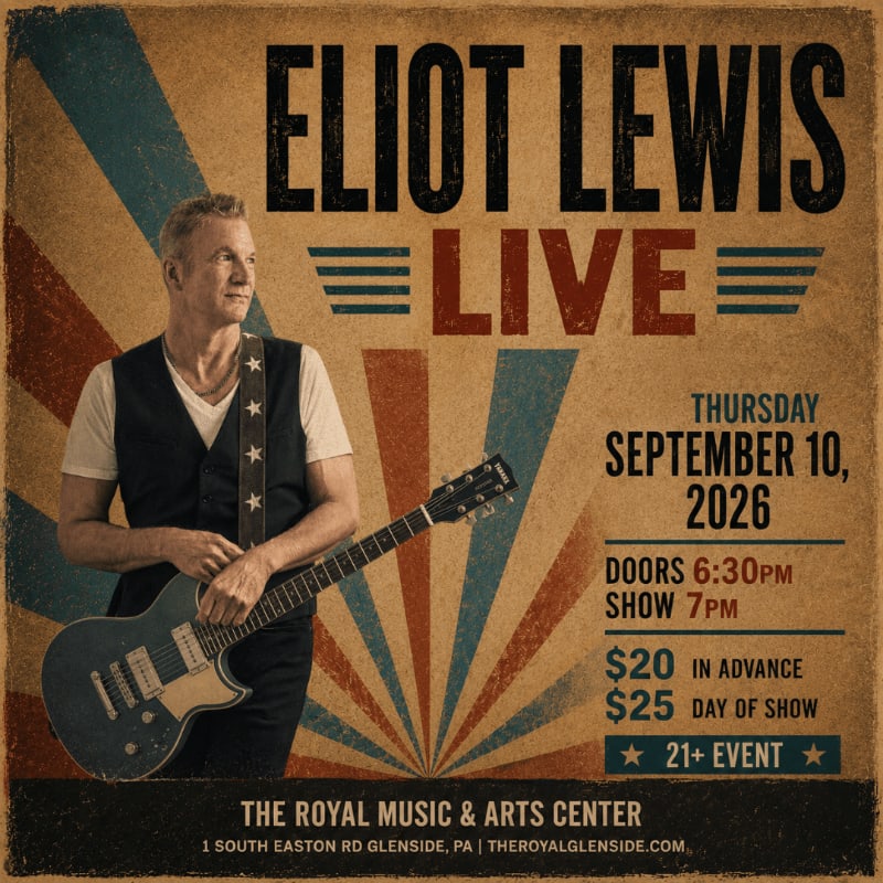 A man with a guitar stands in front of a vintage-style poster advertising an Eliot Lewis concert on September 10, 2026, at The Royal Music & Arts Center.