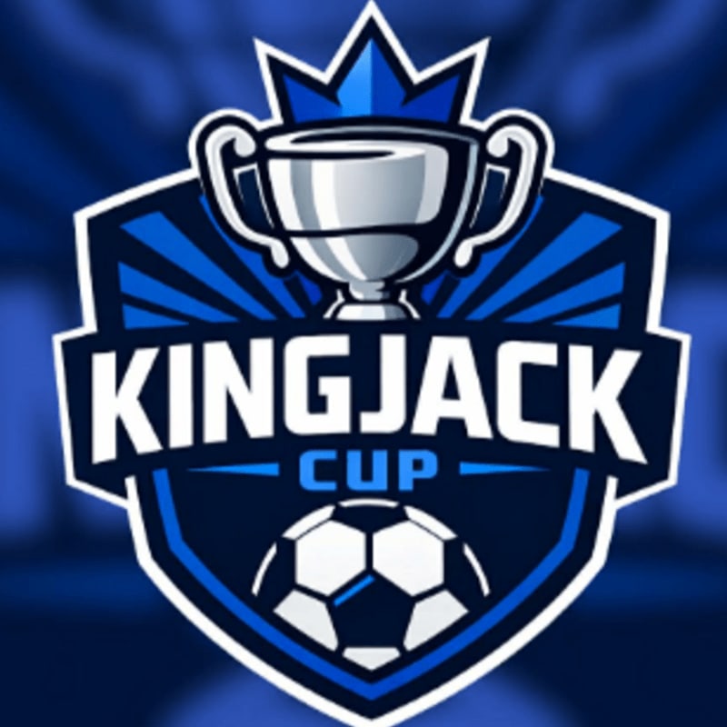 A silver trophy with the words "KINGJACK CUP" in white letters sits above a soccer ball, all set against a dark blue, starburst-like background.