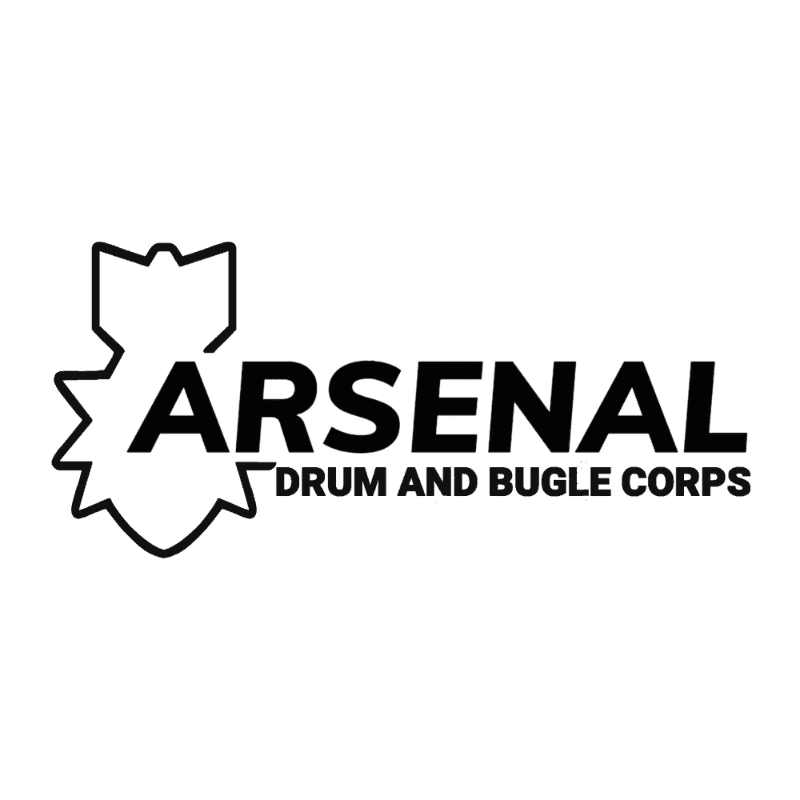 A black and white logo features the word "ARSENAL" in bold capital letters to the right of a stylized shield with a starburst design, with "DRUM AND BUGLE CORPS" written in smaller letters below "ARSENAL" on a plain white background.