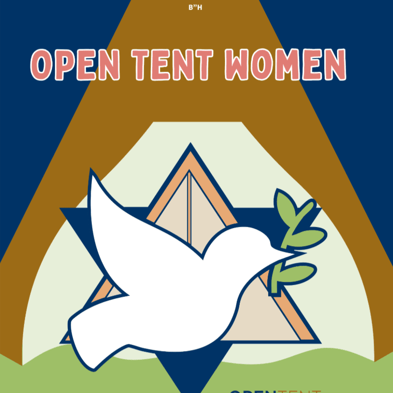 A white dove with an olive branch flies in front of a Star of David and a tent graphic, with "OPEN TENT WOMEN" written in pink text above.