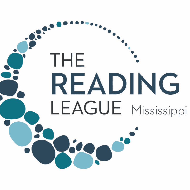 A crescent of blue and teal circles frames the text "THE READING LEAGUE Mississippi" on a white background.