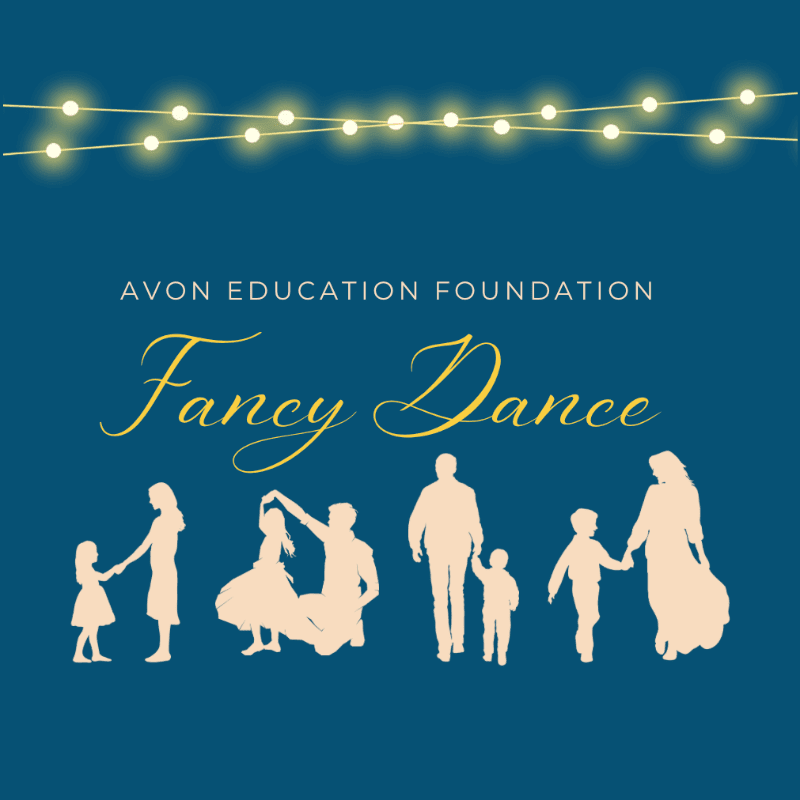 Silhouetted families dance under a string of warm, glowing lights against a deep blue background, with "AVON EDUCATION FOUNDATION Fancy Dance" text above.