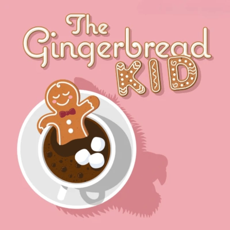 A gingerbread man floats in a mug of hot chocolate with marshmallows, set against a pink background with the title "The Gingerbread Kid" in decorative lettering.