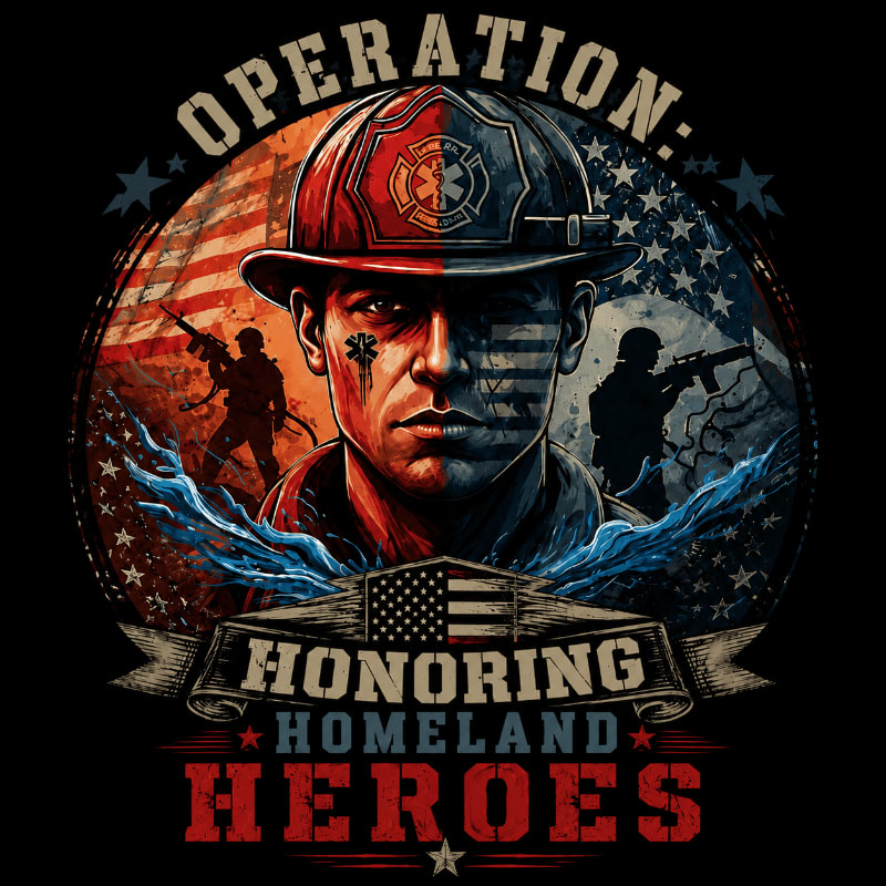 A determined firefighter's face, painted with American flag elements, is set against a backdrop of silhouetted soldiers and the Stars and Stripes, all framed by the words "OPERATION: HONORING HOMELAND HEROES."