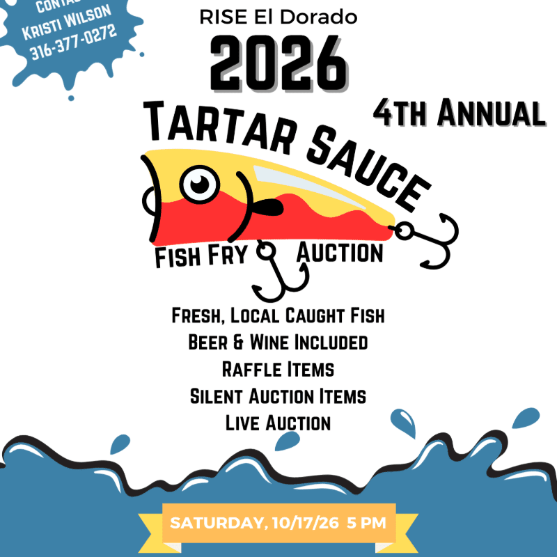 A colorful lure advertising a "Tartar Sauce Fish Fry Auction" is centered on a white background with event details below, all framed by blue water splashes and a yellow banner at the bottom.