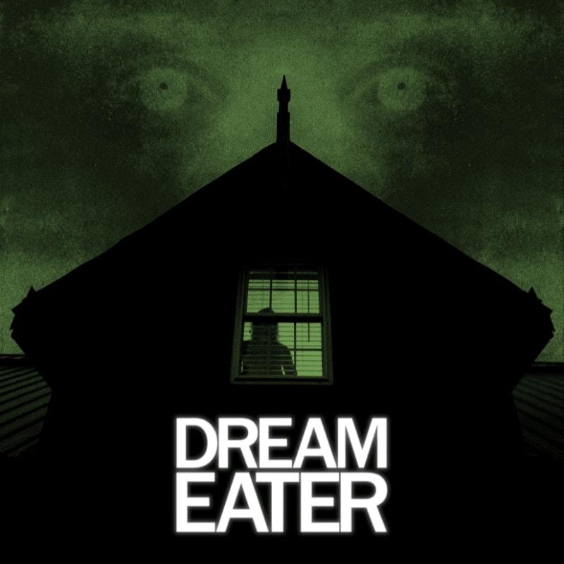 A silhouetted figure stands in a window of a dark house, with large, eerie eyes looming in the green-tinged background.
